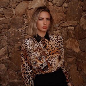 Bloomingdales Vintage 80s Cheetah Leopard Silk and Leather Button Up Blouse